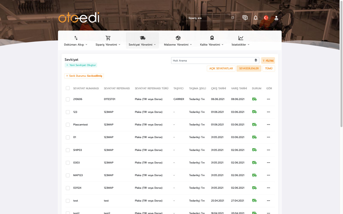 OTOEDI shipment management list and shipment statuses